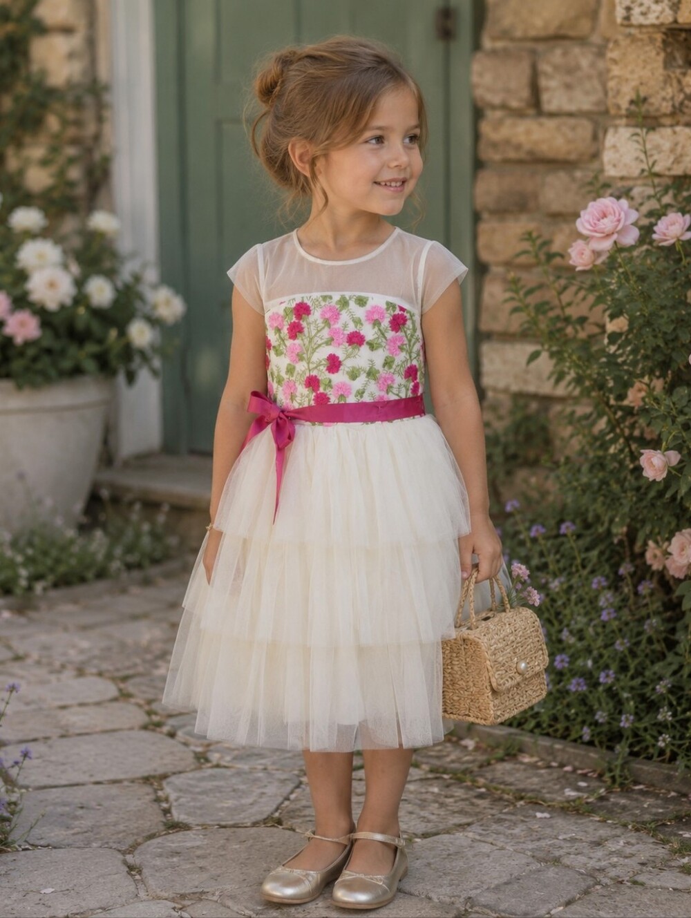 Ava & Yelly Girls Size 5 Ivory Floral Embroidered Tulle Party Dress